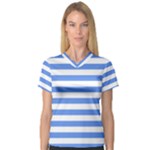 Horizontal Stripes - White and Cornflower Blue Women s V-Neck Sport Mesh Tee
