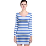 Horizontal Stripes - White and Cornflower Blue Long Sleeve Bodycon Dress