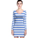Horizontal Stripes - White and Cornflower Blue Long Sleeve Velvet Bodycon Dress