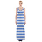 Horizontal Stripes - White and Cornflower Blue Maxi Thigh Split Dress