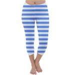 Horizontal Stripes - White and Cornflower Blue Capri Winter Leggings