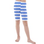 Horizontal Stripes - White and Cornflower Blue Kid s Mid Length Swim Shorts