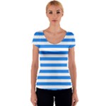 Horizontal Stripes - White and Dodger Blue Women s V-Neck Cap Sleeve Top
