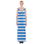 Horizontal Stripes - White and Dodger Blue Maxi Thigh Split Dress
