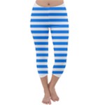 Horizontal Stripes - White and Dodger Blue Capri Winter Leggings