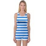 Horizontal Stripes - White and Dodger Blue One Piece Boyleg Swimsuit