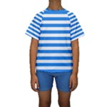Horizontal Stripes - White and Dodger Blue Kid s Short Sleeve Swimwear