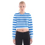 Horizontal Stripes - White and Dodger Blue Women s Cropped Sweatshirt