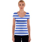 Horizontal Stripes - White and Royal Blue Women s V-Neck Cap Sleeve Top