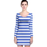 Horizontal Stripes - White and Royal Blue Long Sleeve Velvet Bodycon Dress