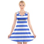 Horizontal Stripes - White and Royal Blue V-Neck Sleeveless Dress