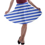 Horizontal Stripes - White and Royal Blue A-line Skater Skirt