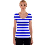 Horizontal Stripes - White and Blue Women s V-Neck Cap Sleeve Top
