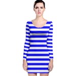 Horizontal Stripes - White and Blue Long Sleeve Velvet Bodycon Dress