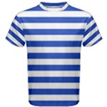 Horizontal Stripes - White and Cerulean Blue Men s Cotton Tee