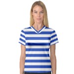 Horizontal Stripes - White and Cerulean Blue Women s V-Neck Sport Mesh Tee