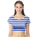 Horizontal Stripes - White and Cerulean Blue Short Sleeve Crop Top (Tight Fit)