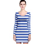 Horizontal Stripes - White and Cerulean Blue Long Sleeve Velvet Bodycon Dress
