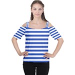 Horizontal Stripes - White and Cerulean Blue Women s Cutout Shoulder Tee