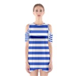 Horizontal Stripes - White and Cerulean Blue Women s Cutout Shoulder Dress
