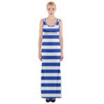 Horizontal Stripes - White and Cerulean Blue Maxi Thigh Split Dress