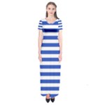 Horizontal Stripes - White and Cerulean Blue Short Sleeve Maxi Dress