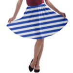 Horizontal Stripes - White and Cerulean Blue A-line Skater Skirt