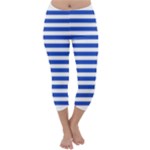 Horizontal Stripes - White and Cerulean Blue Capri Winter Leggings