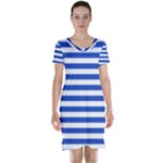 Horizontal Stripes - White and Cerulean Blue Short Sleeve Nightdress