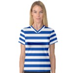 Horizontal Stripes - White and Cobalt Blue Women s V-Neck Sport Mesh Tee