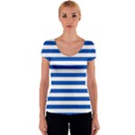 Horizontal Stripes - White and Cobalt Blue Women s V-Neck Cap Sleeve Top