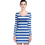 Horizontal Stripes - White and Cobalt Blue Long Sleeve Velvet Bodycon Dress