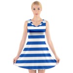 Horizontal Stripes - White and Cobalt Blue V-Neck Sleeveless Dress