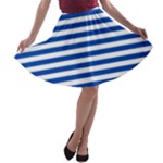 Horizontal Stripes - White and Cobalt Blue A-line Skater Skirt