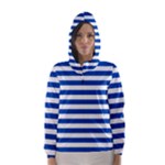 Horizontal Stripes - White and Cobalt Blue Hooded Wind Breaker (Women)