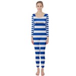 Horizontal Stripes - White and Cobalt Blue Long Sleeve Catsuit