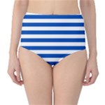 Horizontal Stripes - White and Cobalt Blue High-Waist Bikini Bottoms