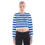 Horizontal Stripes - White and Cobalt Blue Women s Cropped Sweatshirt