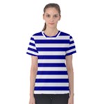 Horizontal Stripes - White and Dark Blue Women s Cotton Tee