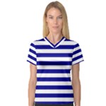 Horizontal Stripes - White and Dark Blue Women s V-Neck Sport Mesh Tee