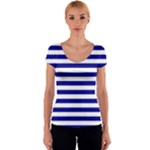 Horizontal Stripes - White and Dark Blue Women s V-Neck Cap Sleeve Top