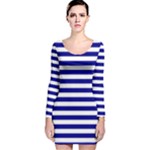 Horizontal Stripes - White and Dark Blue Long Sleeve Velvet Bodycon Dress