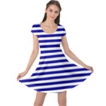 Horizontal Stripes - White and Dark Blue Cap Sleeve Dress
