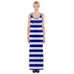 Horizontal Stripes - White and Dark Blue Maxi Thigh Split Dress