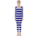 Horizontal Stripes - White and Dark Blue Long Sleeve Catsuit