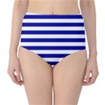 Horizontal Stripes - White and Dark Blue High-Waist Bikini Bottoms