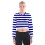 Horizontal Stripes - White and Dark Blue Women s Cropped Sweatshirt