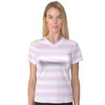 Horizontal Stripes - White and Pale Thistle Violet Women s V-Neck Sport Mesh Tee
