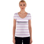 Horizontal Stripes - White and Thistle Violet Women s V-Neck Cap Sleeve Top