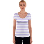 Horizontal Stripes - White and Pale Lavender Violet Women s V-Neck Cap Sleeve Top